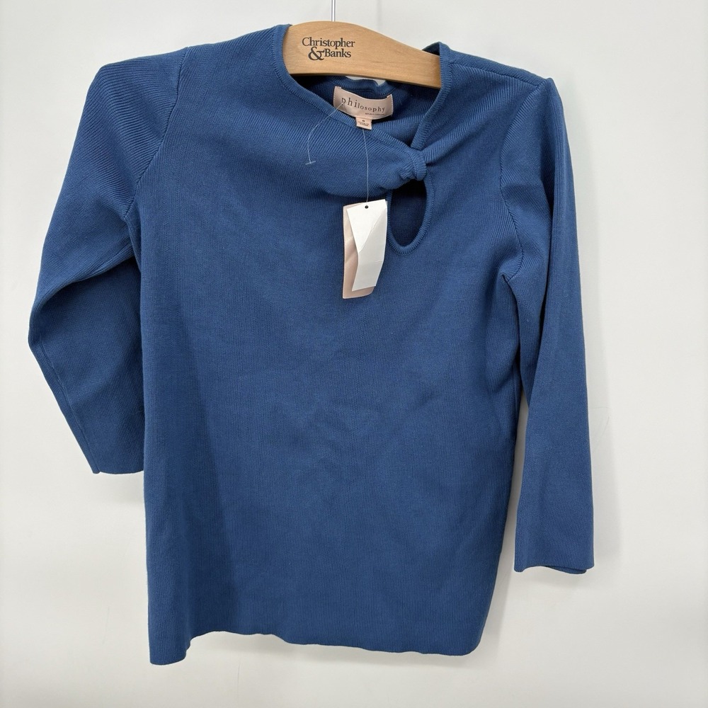 Philosophy Ribbed Knit 3/4 Sleeve Cornflower Blue‎ Peephole Top Womans Small #2